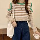 Long-sleeve Off-shoulder Stripe Contrast Trim Loose Fit Knit Top