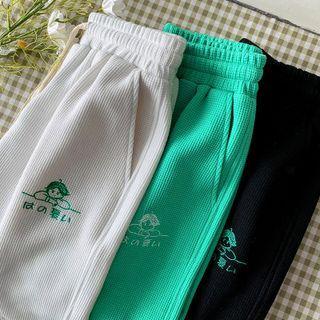 Mock Two-piece Cartoon Embroidered Shorts
