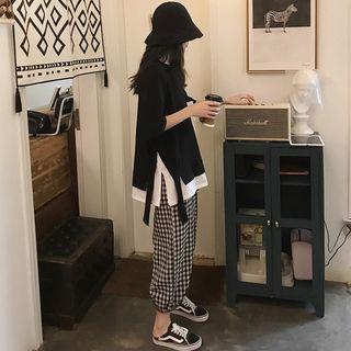 Mock Two Piece Short-sleeve T-shirt / Plaid Harem Pants