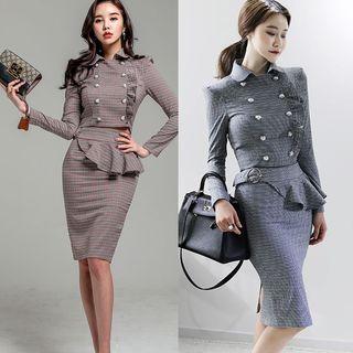 Set: Double-breasted Cropped Jacket + Plaid Pencil Skirt
