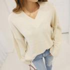 V-neck Drop-shoulder Colored Knit Top