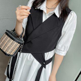Set: Elbow-sleeve Mini A-line Shirt Dress + Vest