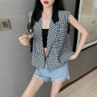 Sleeveless Double Breasted Plaid Vest Vest - One Size