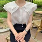 Cap-sleeve Striped Collared Blouse White - One Size