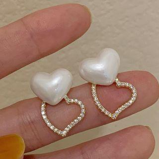 Heart Rhinestone Earring 1 Pair - Threader Earrings - S925 Silver - White - One Size