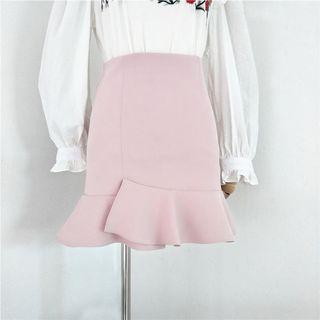 Plain Ruffle Hem Fitted Skirt