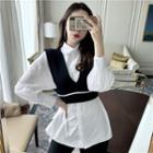 Plain Long-sleeve Shirt / V-neck Knit Vest