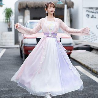 Set: Embrodiered Hanfu Top + Maxi Skirt + Flower Light Jacket