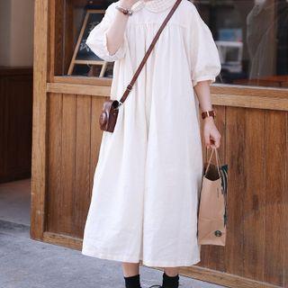Puff-sleeve Plain Midi A-line Dress Off-white - One Size