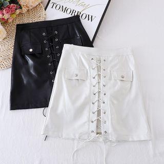 Faux Leather Lace-up Strap A-line Skirt