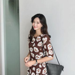 Padded-shoulder Floral Patterned Long Dress