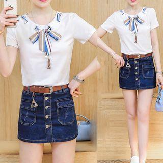 Set: Ribbon Short-sleeve T-shirt + Buttoned Denim Skort