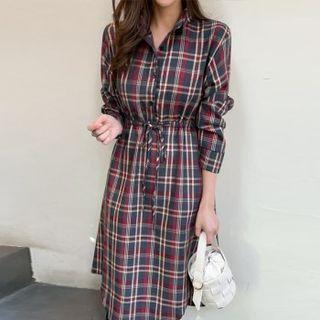Dip-back Plaid Long Shirtwaist Dress