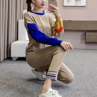 Set: Color Block Knit Pullover + Knit Sweatpants