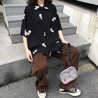 Floral Elbow-sleeve Shirt Black - One Size