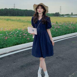 Lapel Puff-sleeve Embroidered Dress
