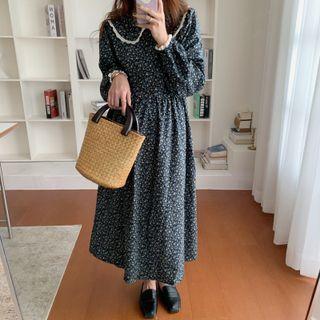Puff-sleeve Floral Print Midi A-line Dress Bkack - One Size