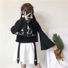 Flower Embroidered Hoodie / High Waist A-line Skirt