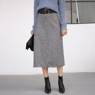 Frayed Hem Tweed Midi Skirt
