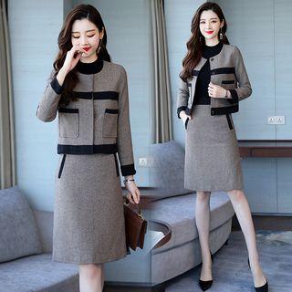 Set: Contrast Trim Buttoned Jacket + Skirt