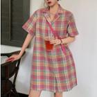 Elbow-sleeve Plaid Mini Shirt Dress As Shown In Figure - One Size