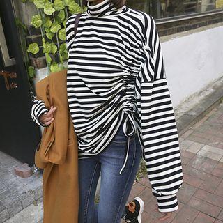 Turtle-neck Drawstring-side Stripe Top