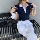Short-sleeve V-neck Two-tone Slim-fit Polo-shirt