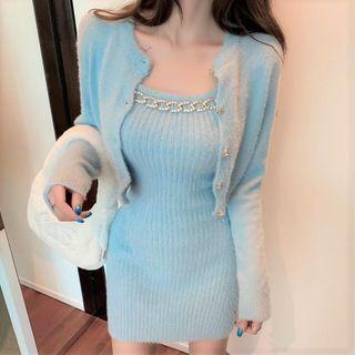 Fluffy Cardigan / Sleeveless Midi Dress