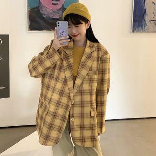 Plaid Single-breasted Blazer Plaid - Yellow - One Size