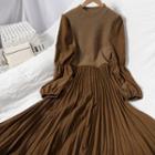 Puff-sleeve Knit Panel Midi A-line Dress