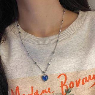 Heart Pendant Stainless Steel Necklace Silver & Blue - One Size