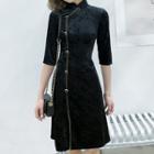 Elbow-sleeve Traditional Chinese Velvet Midi Dress