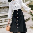 Set: Contrast Stitching Long-sleeve Blouse + Midi A-line Skirt
