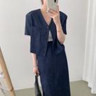 Pocket Detail Short-sleeve Blouse / Midi Straight-fit Skirt