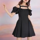 Puff Short-sleeve Off-shoulder Bow Cut-out Dress