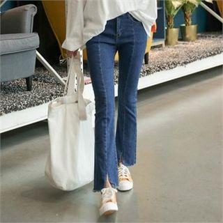 Band-waist Slit-hem Boot-cut Jeans