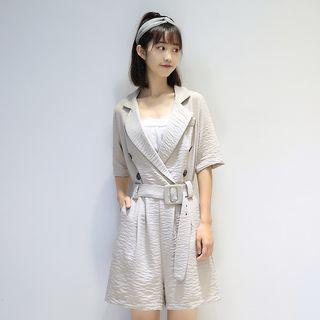Double-breasted Elbow-sleeve Belted Playsuit