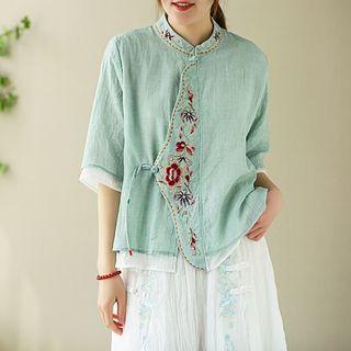 3/4-sleeve Embroidered Frog-button Linen Top