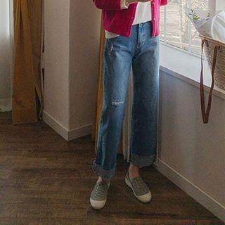 Distressed Cuff-hem Straight-leg Jeans