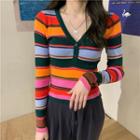 V-neck Striped Ribbed Knit Top Stripes - Multicolor - One Size