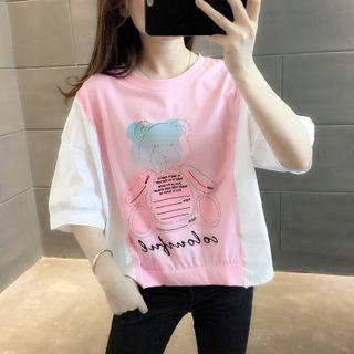 Two-tone Panel Bear Print T-shirt