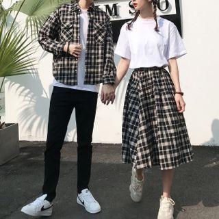 Couple Matching Plaid Shirt Jacket / Midi Skirt / Short-sleeve Plain T-shirt