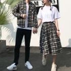 Couple Matching Plaid Shirt Jacket / Midi Skirt / Short-sleeve Plain T-shirt