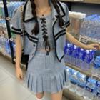 Short-sleeve Striped Jacket / Lace Up Cropped Camisole Top / Mini Pleated Skirt
