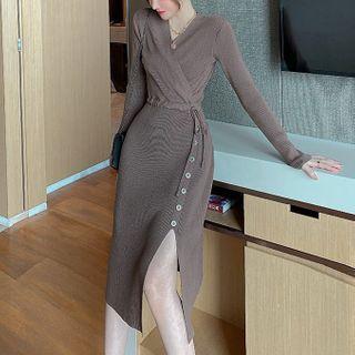 V-neck Slit Knit Midi A-line Dress