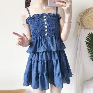 Spaghetti-strap Shirred Top / A-line Skirt / Light Jacket / Set