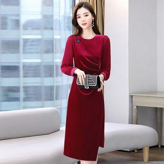 Long-sleeve Plain Velvet Midi Sheath Dress