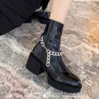 Genuine Leather Chained Block-heel Short Boots