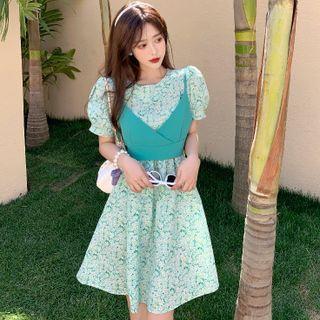 Set: Short-sleeve Floral A-line Dress + Camisole Top