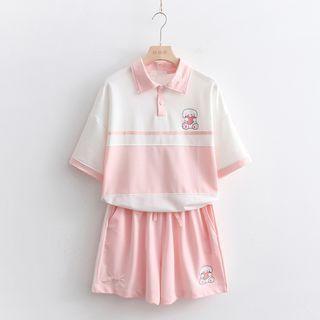 Short-sleeve Cartoon Print Polo Shirt / Shorts / Set